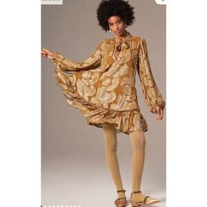 Maeve Metallic Tie Neck Tunic Long Sleeve Mustard Gold Dress Size XS P